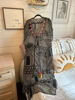 Black & White Geometric Boho Maxi Dress with tassels